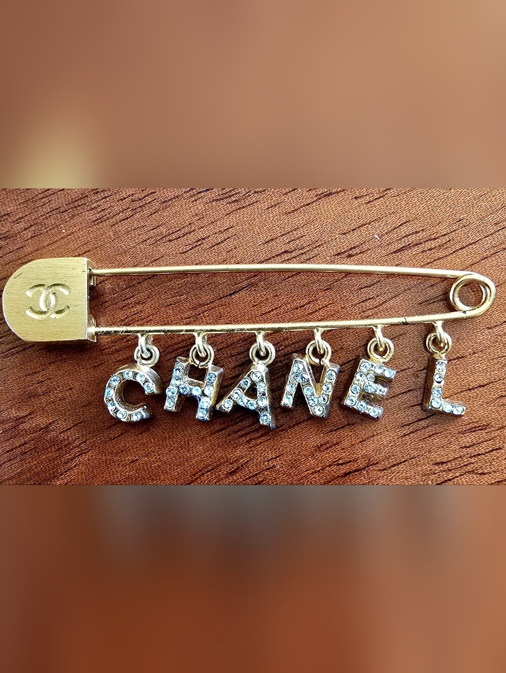 CHANEL Gold-Tone Letter Charm Necklace with Clear Crystals